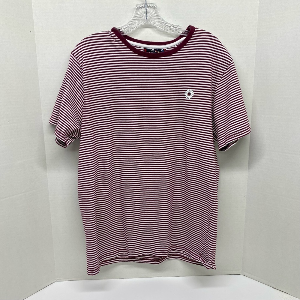 Denim & Flower Womens Pullover Short Sleeve Top Size L Burgundy White Peace Sign